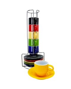 Gibson Sensations 13 Piece Stackable Non-Toxic Ceramic Small Espresso Cup Set with Saucers and Metal Wire Rack in Assorted Colors
